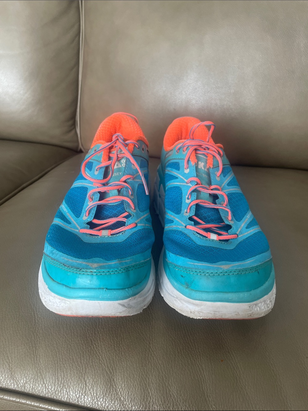 Hoka One One Women's Teal and Orange Cushioned Running Shoes - Picture 2 of 7